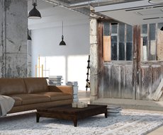 on the wall of a living room, contemporary panoramic wallpaper representing a barn door