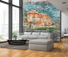 panoramic wallpaper showing a  casino painted on a  brick wall in a living room