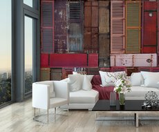 warm panoramic wallpaper of a set of brown shutters in a living room
