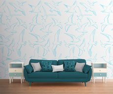 wallpaper Mouettes bleues sur fond blanc in a living room