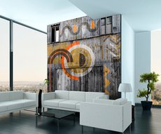 wallpaper representing a geometrical painting on wood in a living room