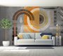 in a living room, panoramic wallpaper of mysterious geometrical forms