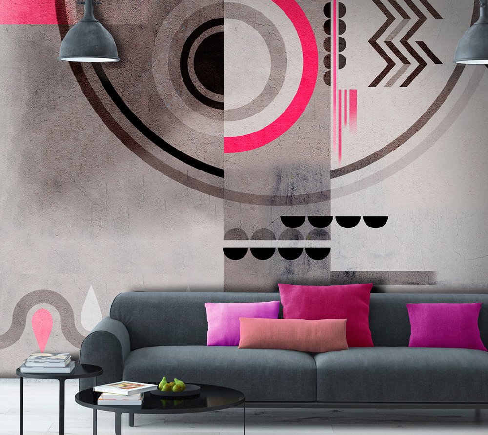 this wall in an ultra modern living room has a spectacular wallpaper with rounded or zebra shapes
