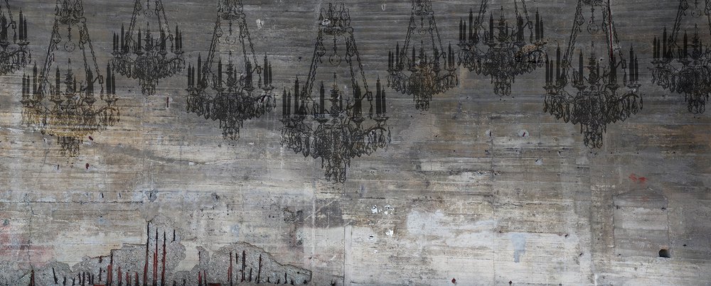 amazing wallpaper featuring Chinese shadow chandeliers embedded in a concrete wall