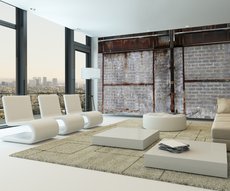 on the walls of this living room, a realistic wallpaper of cinder block wall and rusty metal sheets
