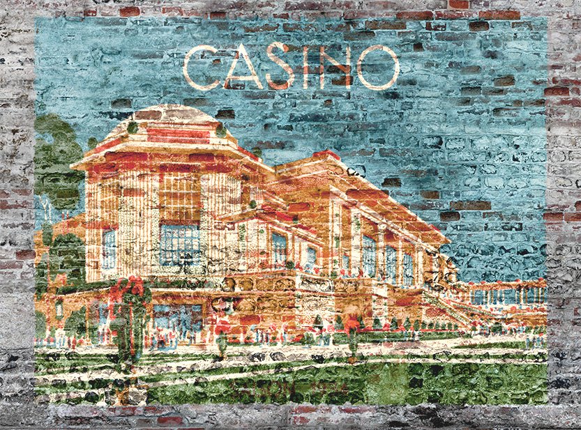 panoramic wallpaper showing a  casino painted on a  brick wall