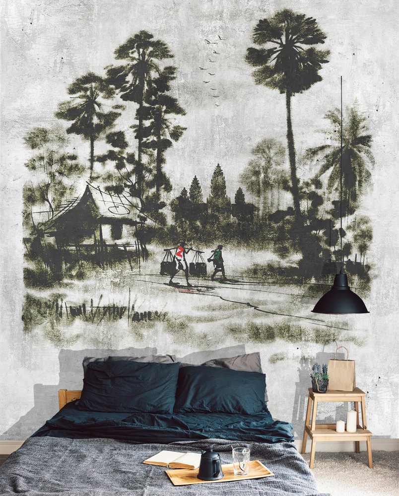 panoramic wallpaper jungle on concrete at the head of the bed in a bedroom