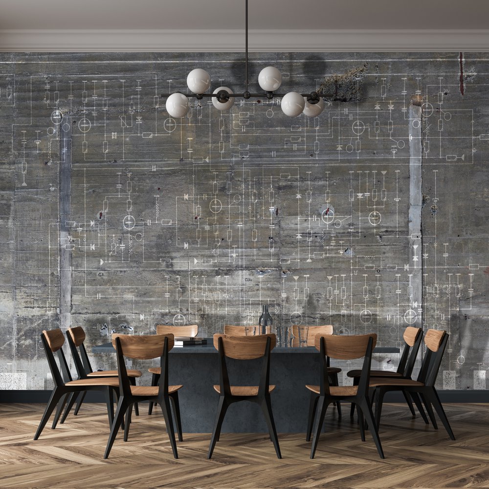 wallpaper electric circuit on concrete in a dining room