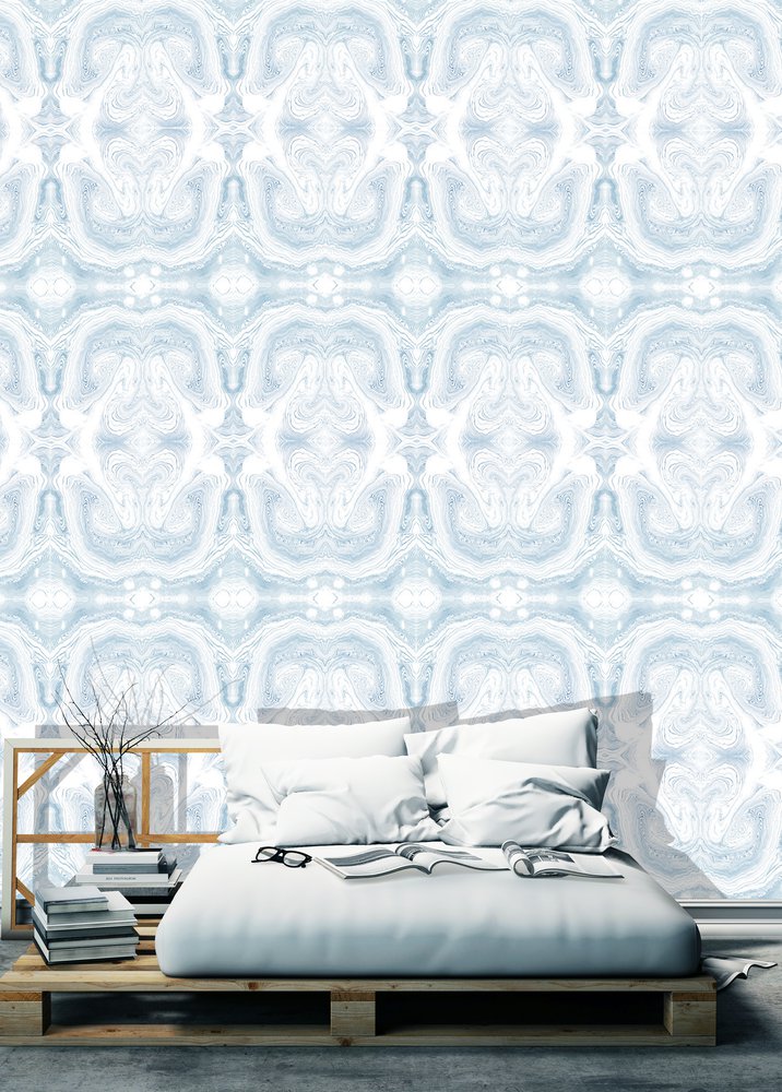 wallpaper with blue marbling in a sleeping room