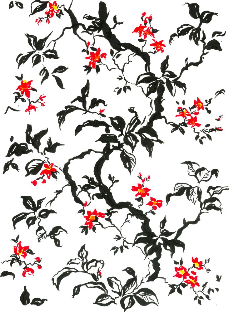 arbre et fleurs rouges sur blanc