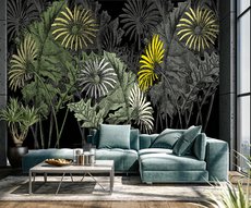 In a living room, panoramic wallpaper representing giant flowers on a black background