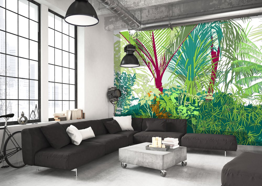 panoramic jungle cartoon wallpaper in a living room
