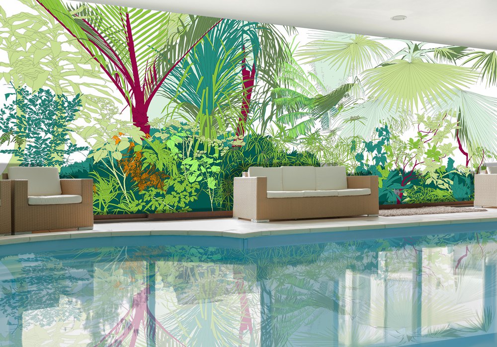 Amazonia wallpaper placed on the wall in a swimming pool