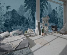 wallpaper wilderness in blue, set in a living room