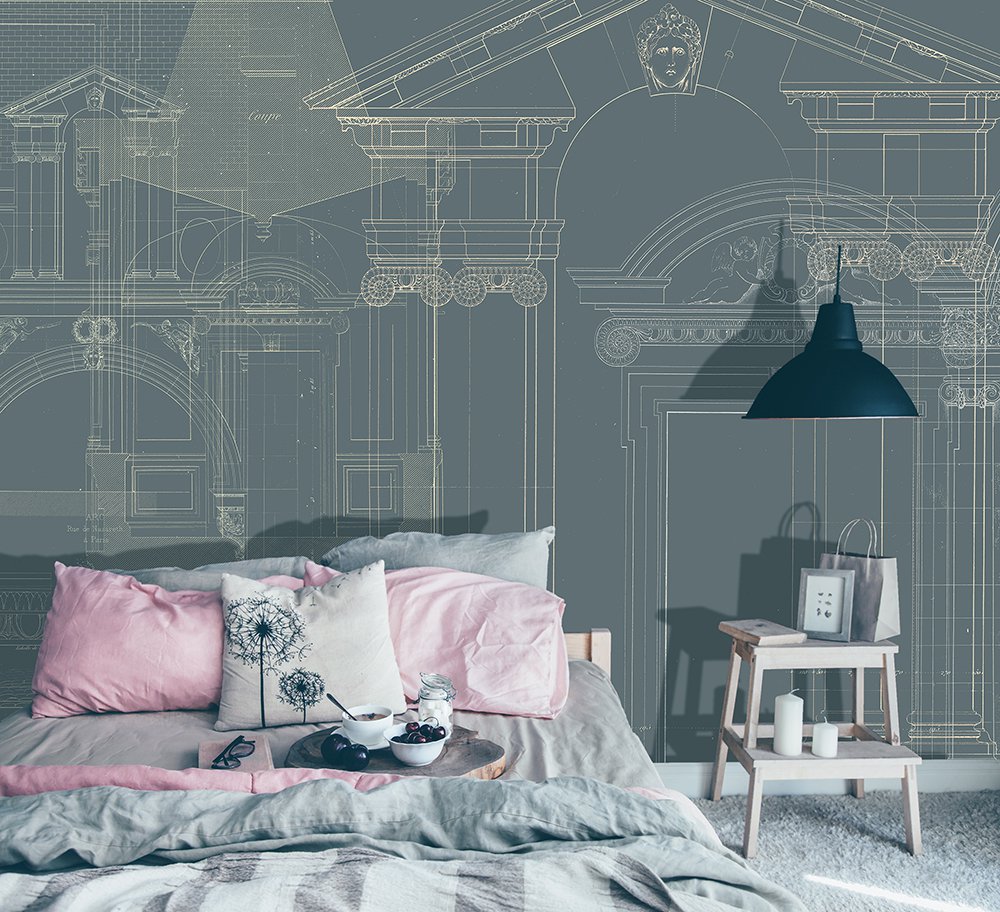 wallpaper featuring architect's drawings of portals and porches