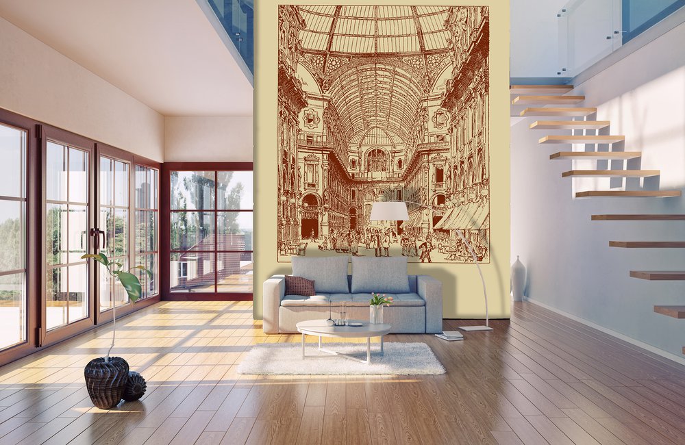 wallpaper representing the victor emmanuel gallery in Milan, placed on a wall of a living room