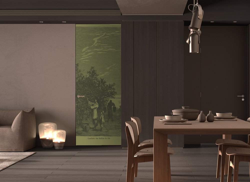 wallpaper on kitchen door representing tea picking