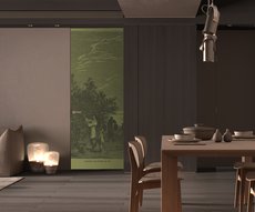 wallpaper on kitchen door representing tea picking