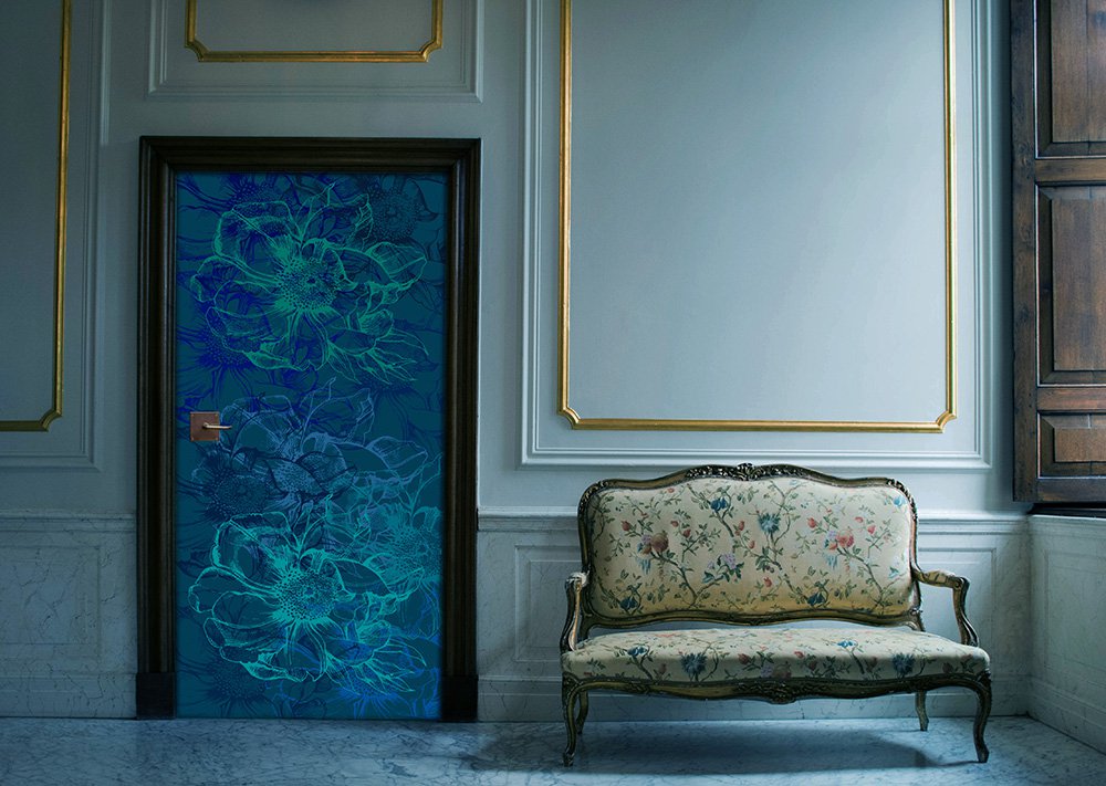 blue and green roses door in a living room