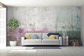 pink and green concrete wallpaper in a living room