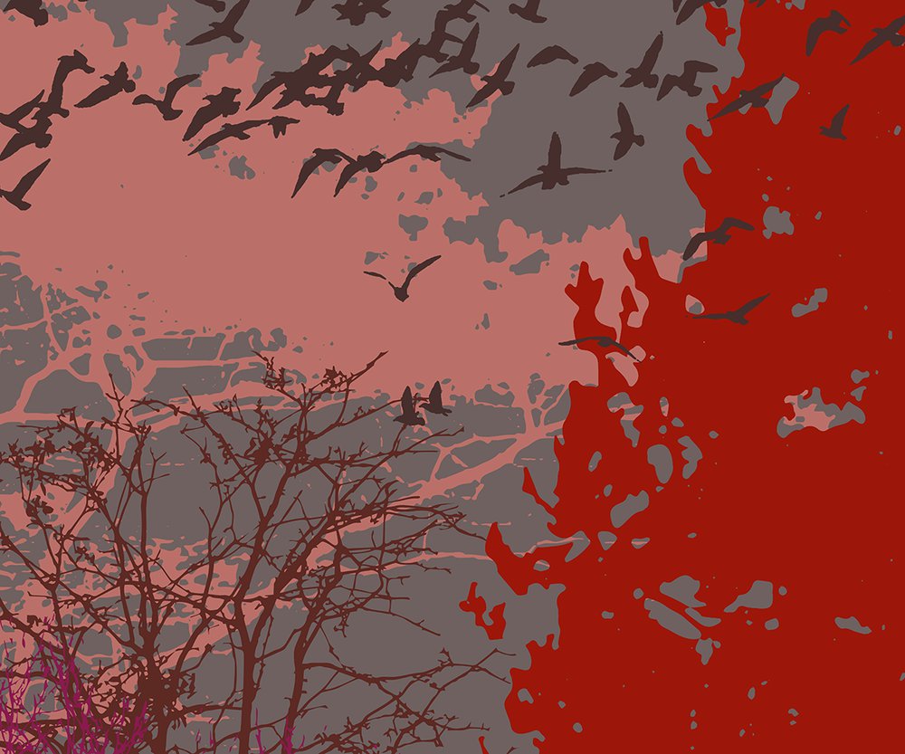 arbres rouges et oiseaux