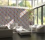 classic panoramic  in a living room:  colorful squares red blue white