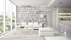 panoramic wallpaper showing a white stone wall in a living room