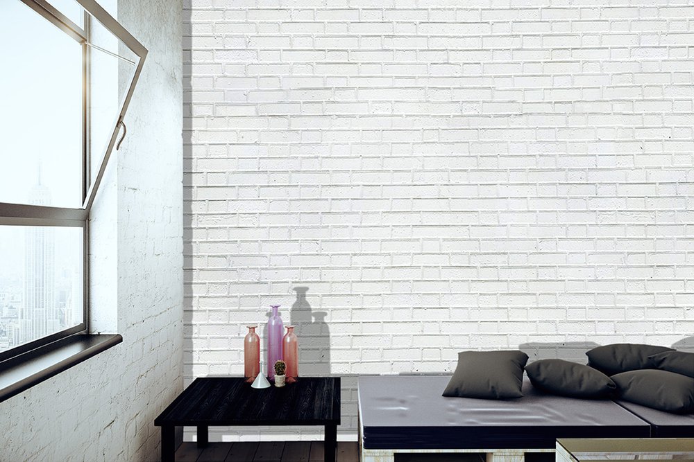 panoramic wallpaper in a living room representing white bricks