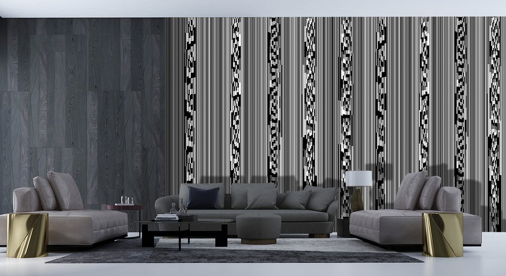 papier peint motif noir et blanc à colonnes  in a living room