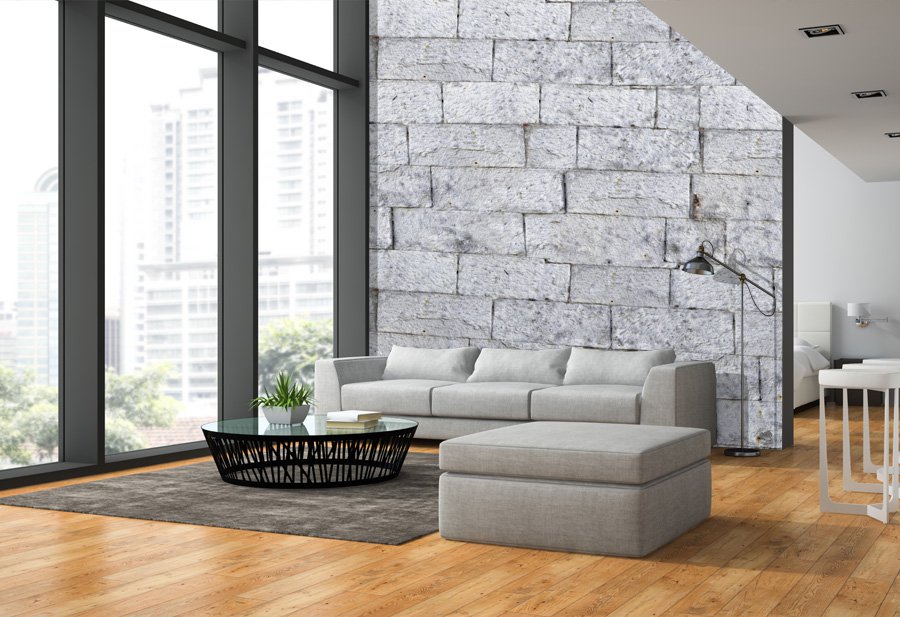 panoramic wallpaper showing a  white stone wall in a living room