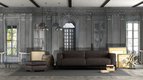 panoramic wallpaper in a living room representing an abandoned orangery