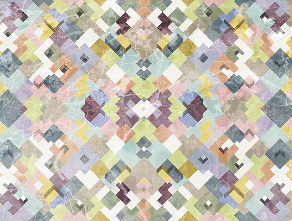 panoramic wallpaper representing an arrangement of colorful geometric shapes