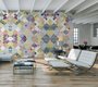 panoramic wallpaper in a trendy living room representing an arrangement of colorful geometric shapes