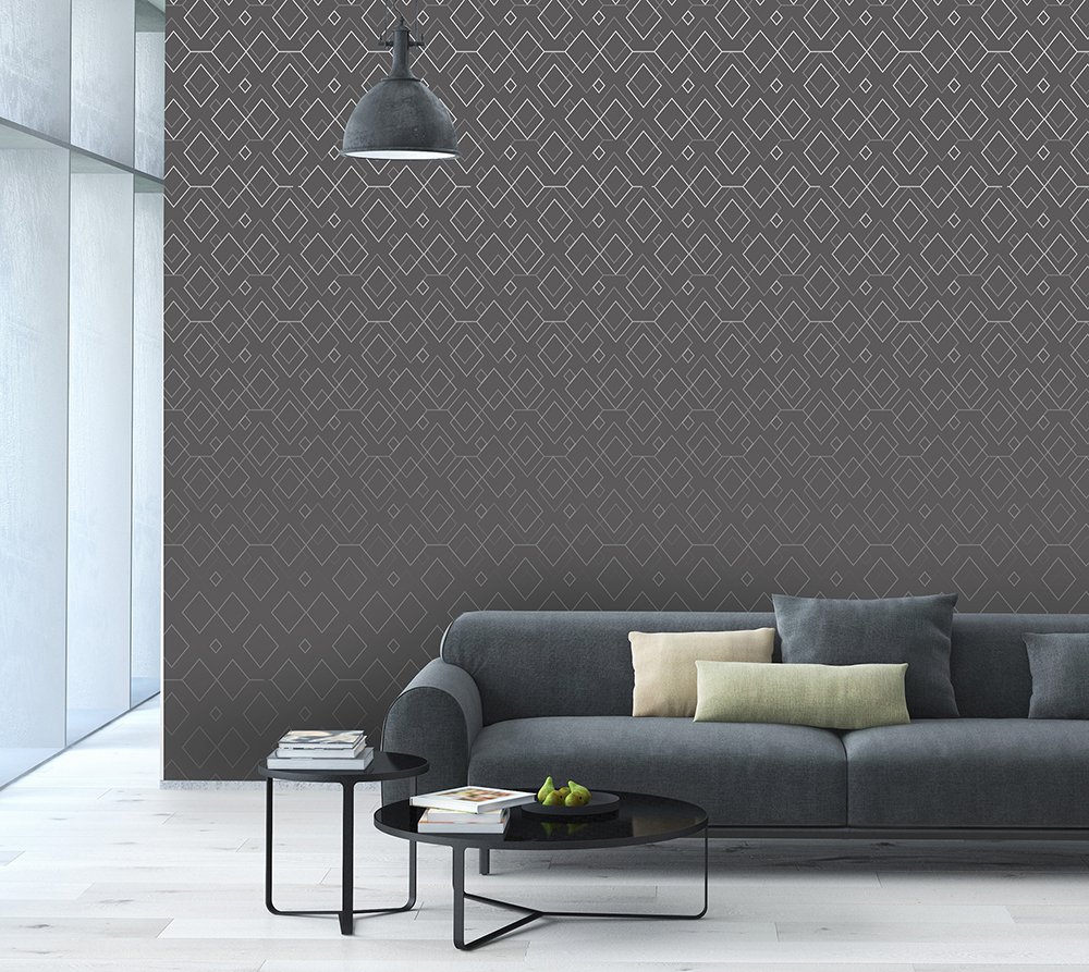panoramic wallpaper in a living room representing white diamonds on a gray background