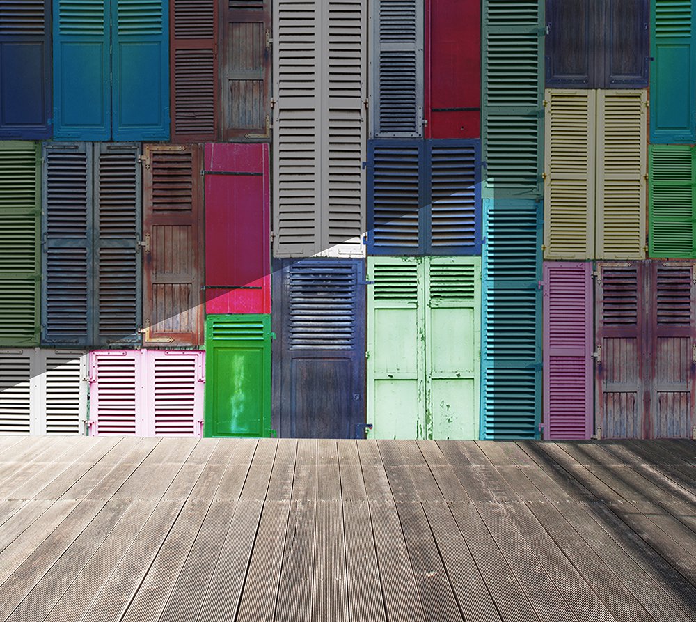 invigorating panoramic wallpaper representing multicolored shutters in a room