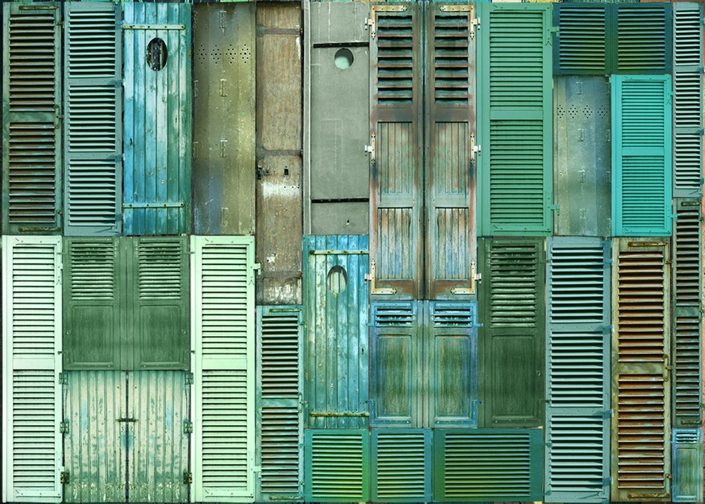 optimistic panoramic wallpaper representing a patchwork of green shutters