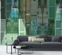 optimistic panoramic wallpaper representing green shutters in a living room