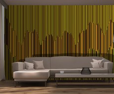 green and yellow striped wallpaper in a living room