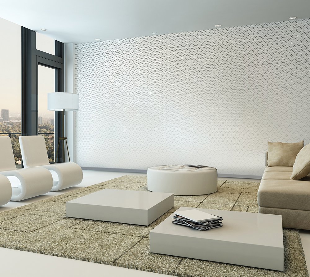 in a living room: geometric wallpaper representing rhombuses in gradation
