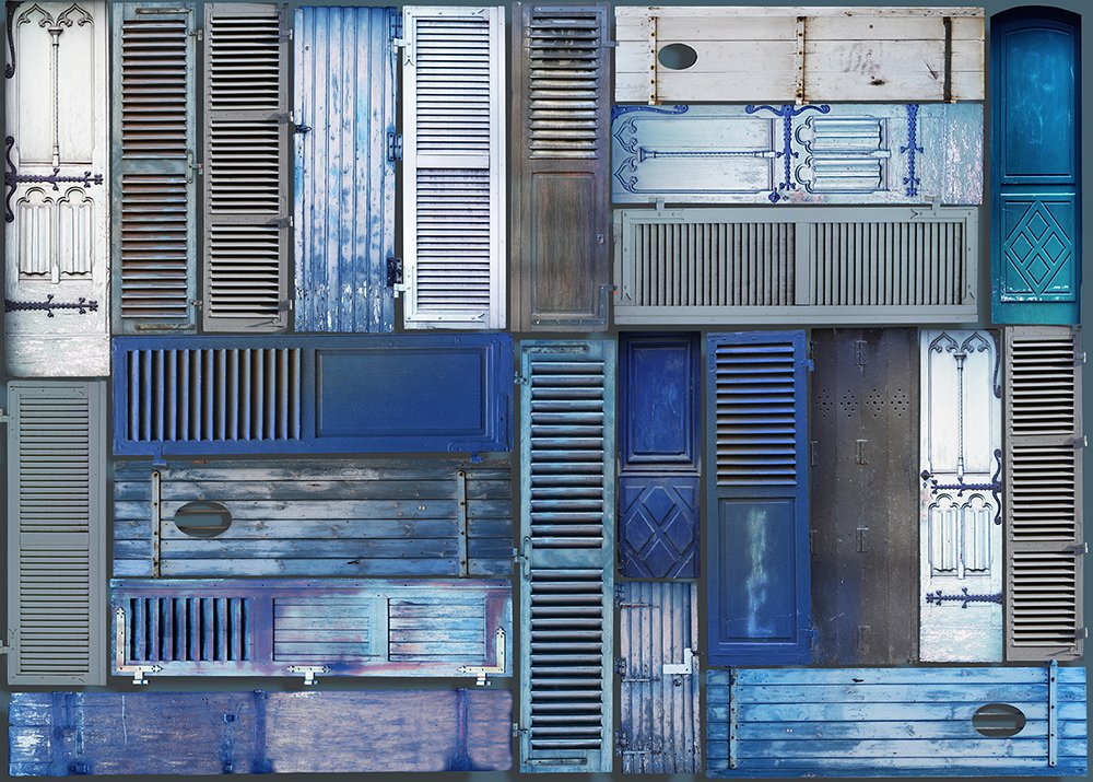 wallpaper showing a patchwork of blue shutters