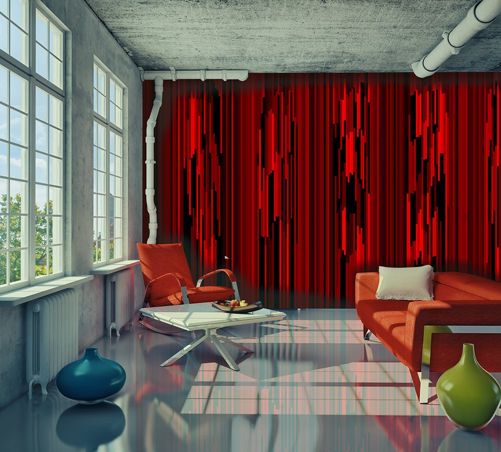 black and red stripes wallpaper in a living room