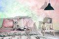 trendy wall covering in a sliping room representing soft colored clouds